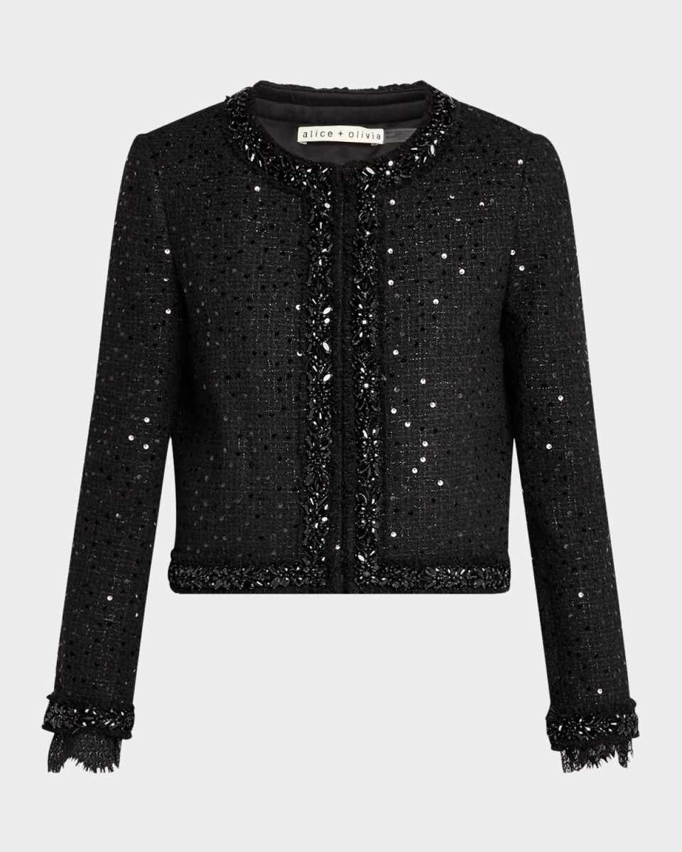 Landon Cropped Sequined Tweed Jacket with Embellished Tri